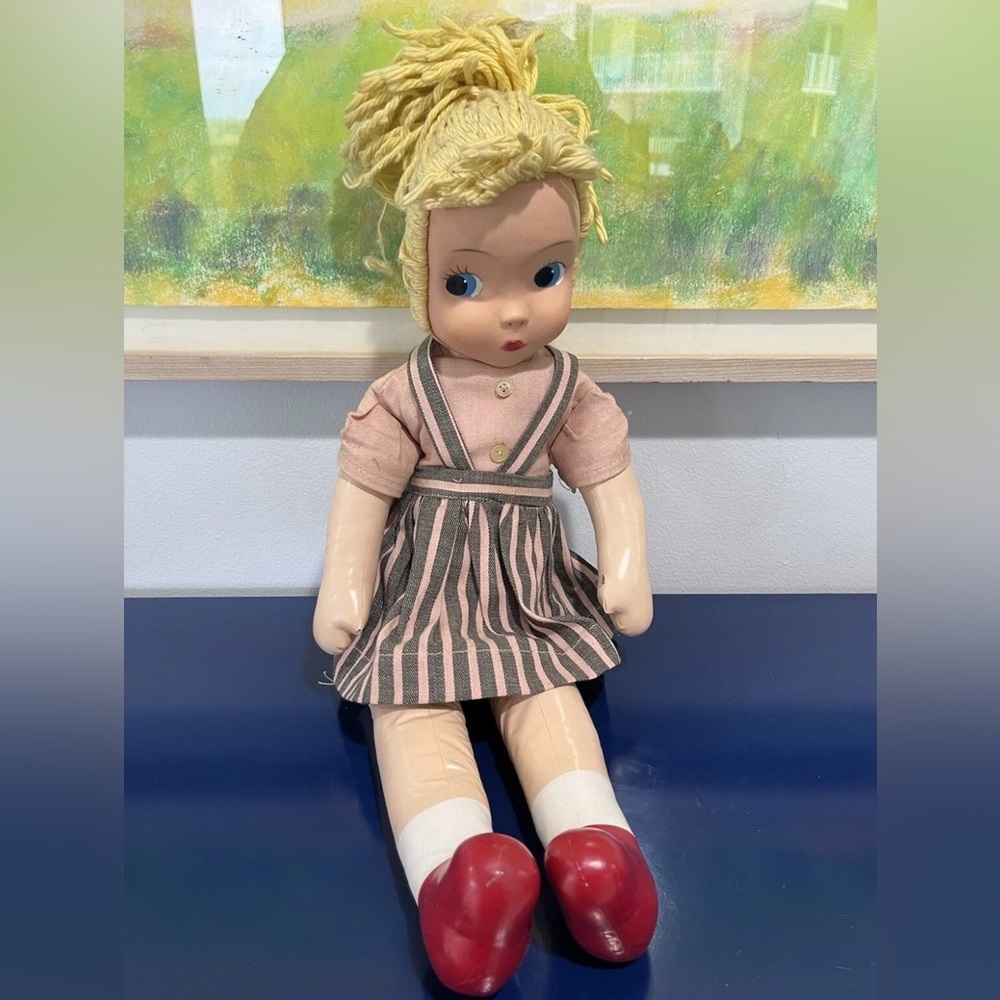 Carnival Plastic Face Cloth Fabric Doll Blonde Yarn Braid Blue Eyes Vintage 60s